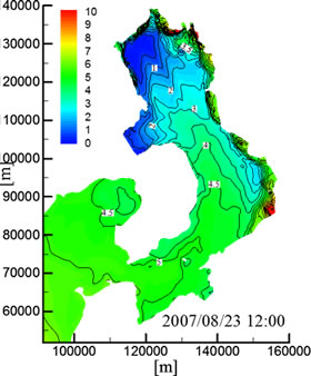 再現された有明海底層の溶存酸素濃度[mg/l]
